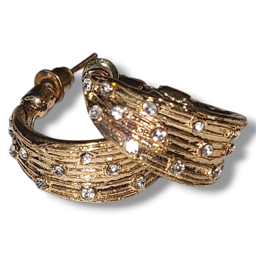 Gold Tone Rhinestone Textured Half Hoop Earrings‎ Sparkle Statement Fashion